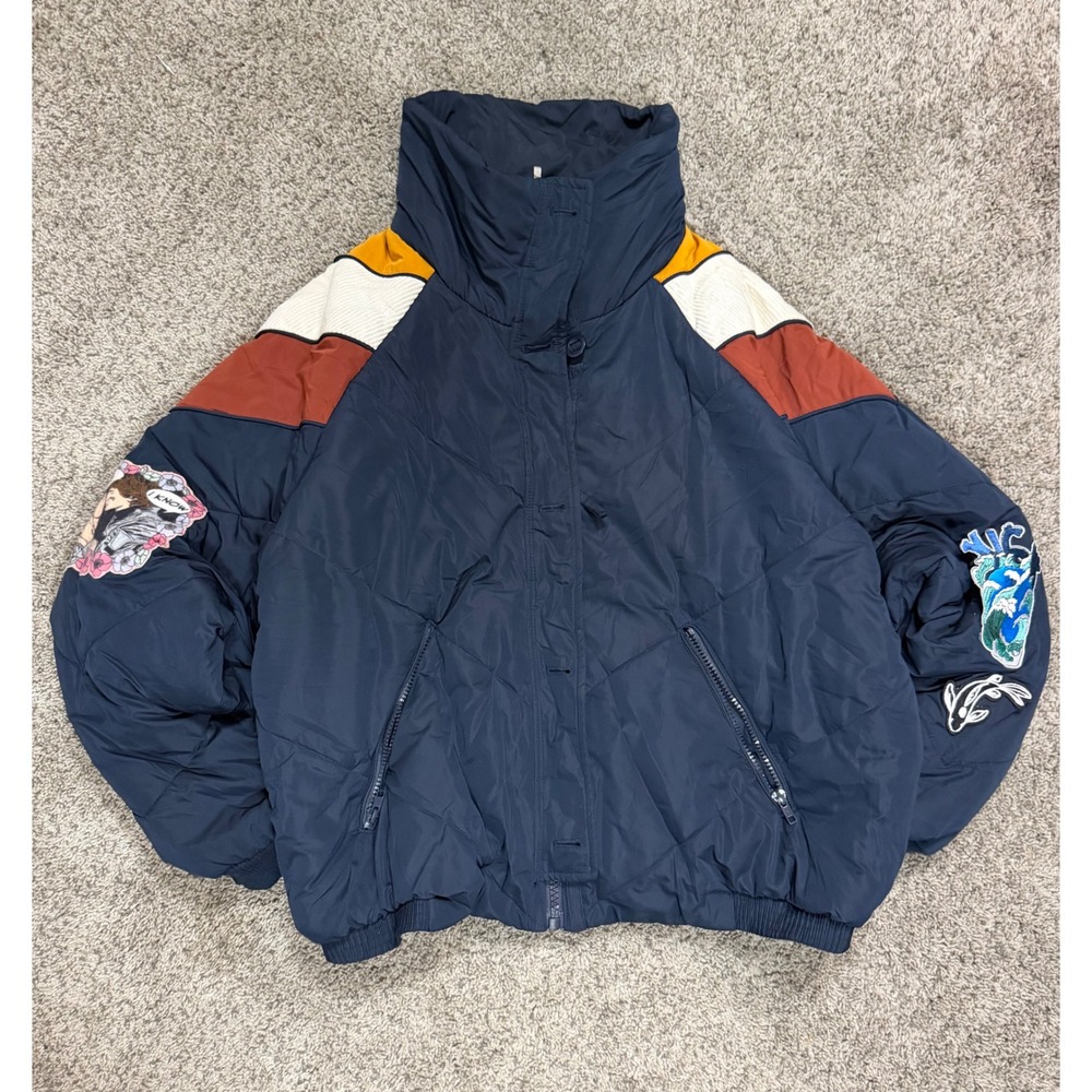Free People Navy Puffer Jacket Star Wars Heart Patches Chevron Corduroy Medium